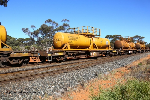 161112 3466
Binduli, loaded Hampton acid train 7406 with AQHY 30020 with sulphuric acid tank CSA 0115, originally built by the WAGR Midland Workshops in 1964/66 as a WF type flat waggon, then in 1997, following several recodes and modifications, was one of seventy five waggons converted to the WQH type to carry CSA sulphuric acid tanks between Hampton/Kalgoorlie and Perth/Kwinana. CSA 0115 was built by VCare Engineering, India for Access Petrotec & Mining Solutions.
Keywords: AQHY-type;AQHY30020;WAGR-Midland-WS;WF-type;WFDY-type;WFDF-type;WQH-type;