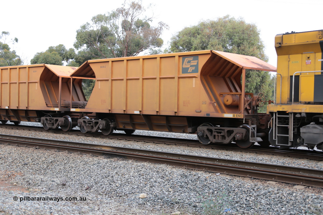 140601 4446
Woodbridge, empty Carina bound iron ore train #1035, CFCLA leased CHEY type waggon CHEY 8039-2 part of a pair of 120 sets built by Bluebird Rail Operations SA in 2011-12. 1st June 2014.
Keywords: CHEY-type;CHEY8039;Bluebird-Rail-Operations-SA;2011/120-39;