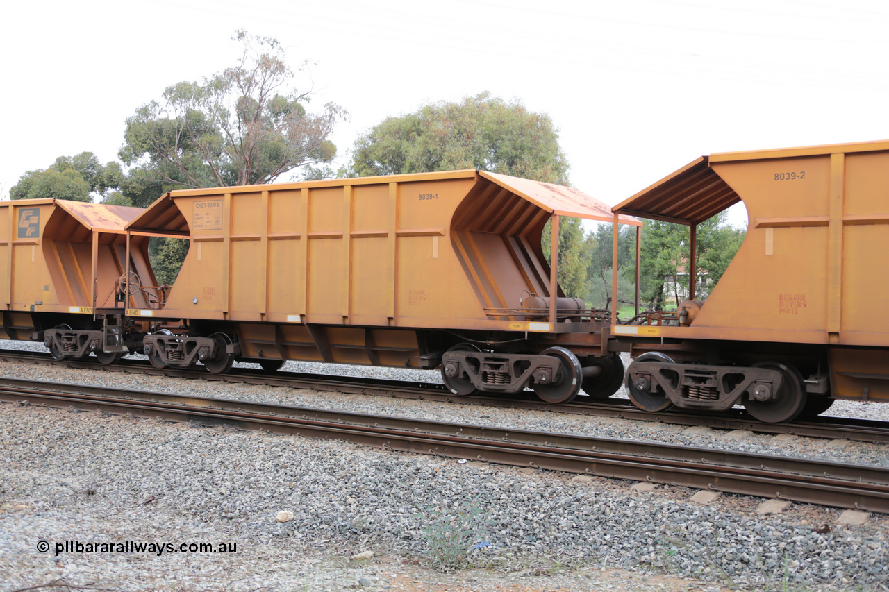 140601 4447
Woodbridge, empty Carina bound iron ore train #1035, CFCLA leased CHEY type waggon CHEY 8039-1 part of a pair of 120 sets built by Bluebird Rail Operations SA in 2011-12. 1st June 2014.
Keywords: CHEY-type;CHEY8039;Bluebird-Rail-Operations-SA;2011/120-39;