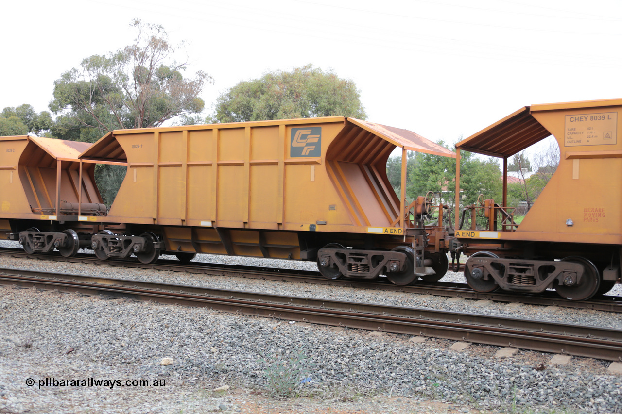 140601 4448
Woodbridge, empty Carina bound iron ore train #1035, CFCLA leased CHEY type waggon CHEY 8028-1 part of a pair of 120 sets built by Bluebird Rail Operations SA in 2011-12. 1st June 2014.
Keywords: CHEY-type;CHEY8028;Bluebird-Rail-Operations-SA;2011/120-28;