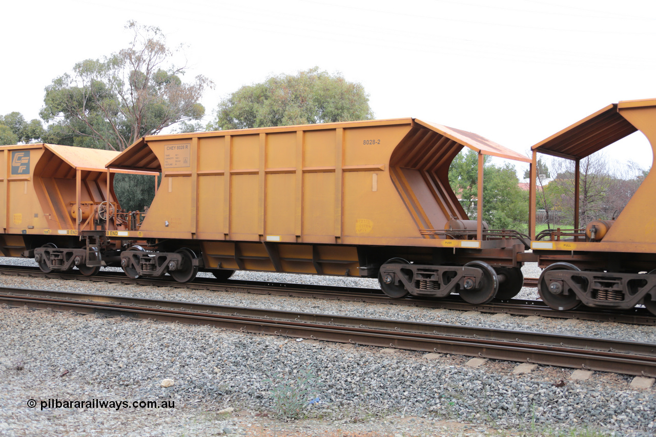 140601 4449
Woodbridge, empty Carina bound iron ore train #1035, CFCLA leased CHEY type waggon CHEY 8028-2 part of a pair of 120 sets built by Bluebird Rail Operations SA in 2011-12. 1st June 2014.
Keywords: CHEY-type;CHEY8028;Bluebird-Rail-Operations-SA;2011/120-28;