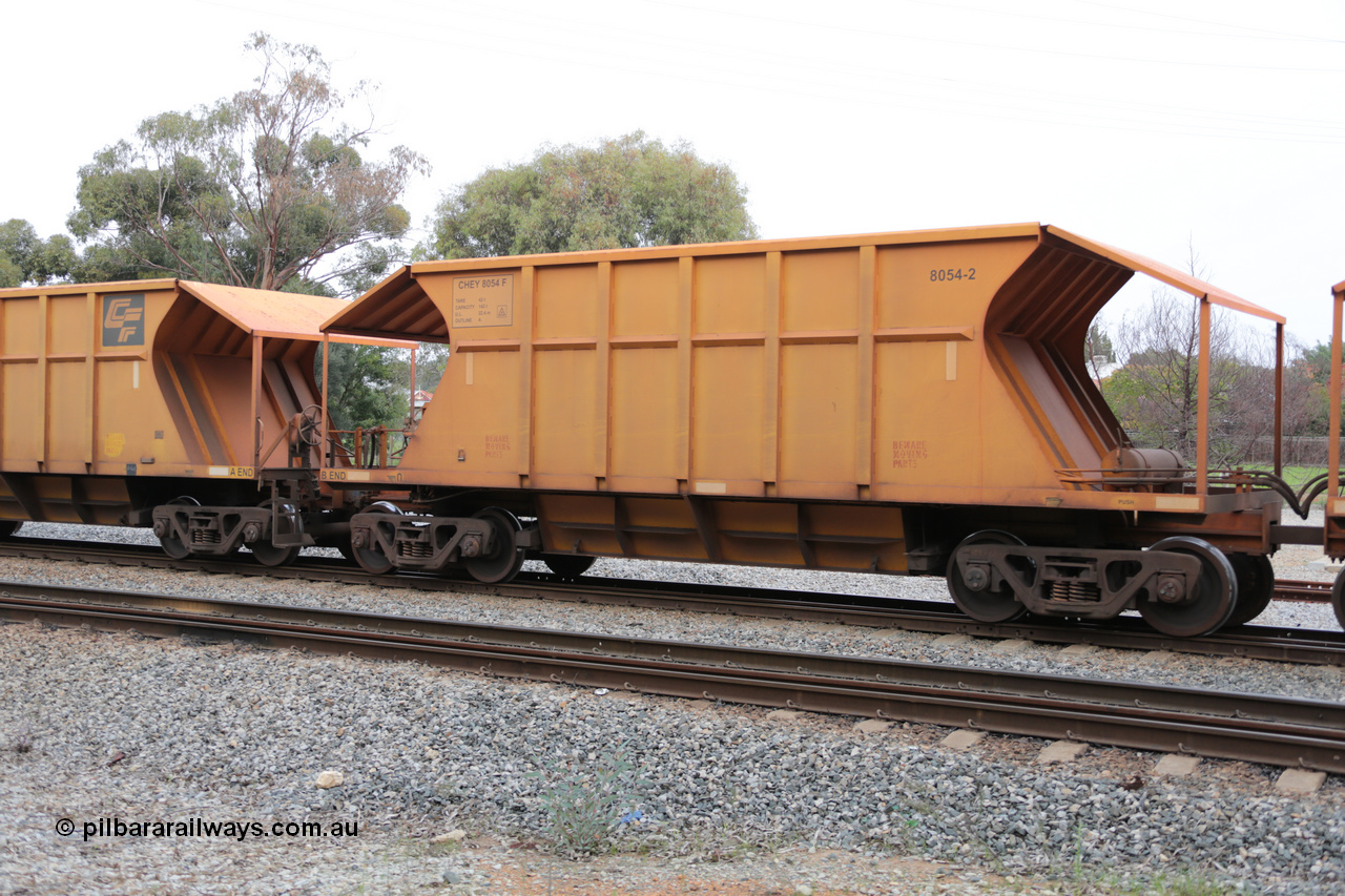 140601 4455
Woodbridge, empty Carina bound iron ore train #1035, CFCLA leased CHEY type waggon CHEY 8054-2 part of a pair of 120 sets built by Bluebird Rail Operations SA in 2011-12. 1st June 2014.
Keywords: CHEY-type;CHEY8054;Bluebird-Rail-Operations-SA;2011/120-54;