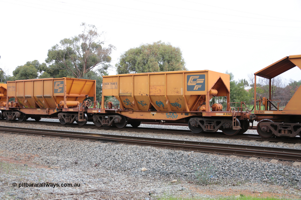140601 4458
Woodbridge, empty Carina bound iron ore train #1035, CFCLA leased CHCH type waggon CHCH 7648 these waggons were rebuilt between 2010 and 2012 by Bluebird Rail Operations SA from former Goldsworthy Mining hopper waggons originally built by Tomlinson WA and Scotts of Ipswich Qld back in the 60's to early 80's. 1st June 2014.
Keywords: CHCH-type;CHCH7648;Bluebird-Rail-Operations-SA;2010/201-48;