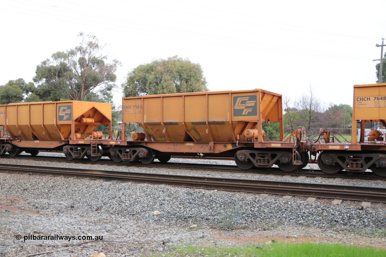140601 4459
Woodbridge, empty Carina bound iron ore train #1035, CFCLA leased CHCH type waggon CHCH 7720 these waggons were rebuilt between 2010 and 2012 by Bluebird Rail Operations SA from former Goldsworthy Mining hopper waggons originally built by Tomlinson WA and Scotts of Ipswich Qld back in the 60's to early 80's. 1st June 2014.
Keywords: CHCH-type;CHCH7720;Bluebird-Rail-Operations-SA;2010/201-120;