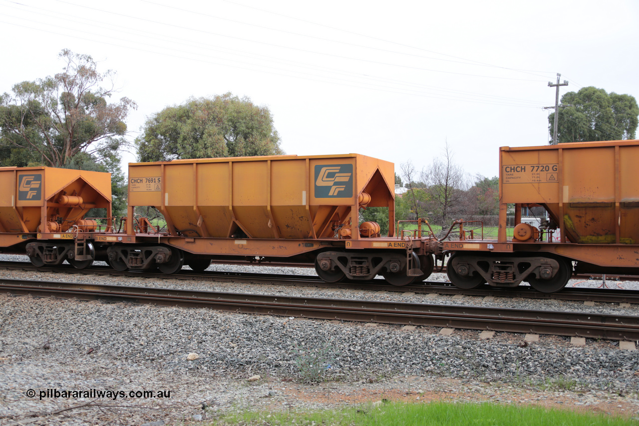 140601 4460
Woodbridge, empty Carina bound iron ore train #1035, CFCLA leased CHCH type waggon CHCH 7691 these waggons were rebuilt between 2010 and 2012 by Bluebird Rail Operations SA from former Goldsworthy Mining hopper waggons originally built by Tomlinson WA and Scotts of Ipswich Qld back in the 60's to early 80's. 1st June 2014.
Keywords: CHCH-type;CHCH7691;Bluebird-Rail-Operations-SA;2010/201-91;