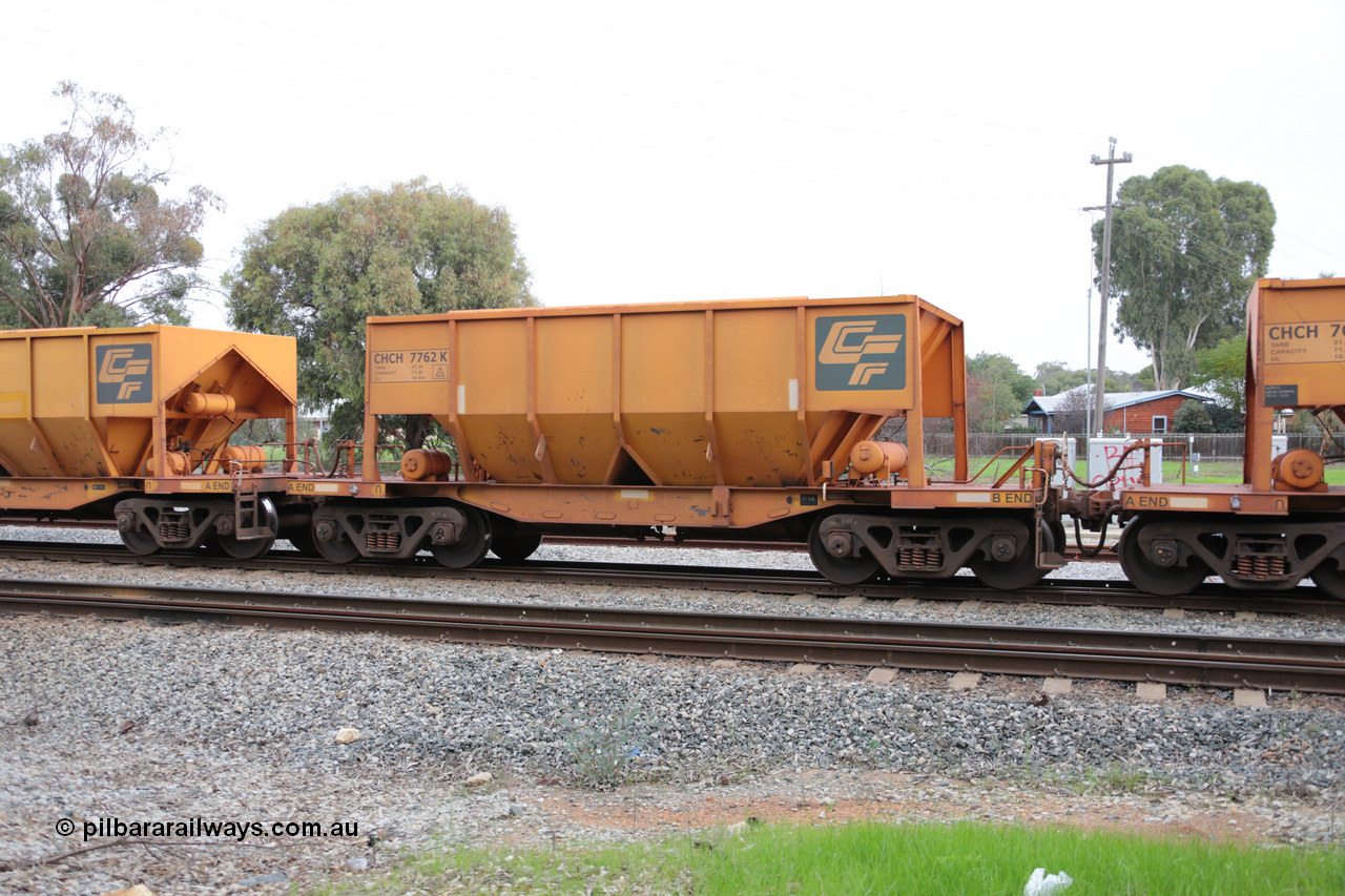140601 4464
Woodbridge, empty Carina bound iron ore train #1035, CFCLA leased CHCH type waggon CHCH 7762 these waggons were rebuilt between 2010 and 2012 by Bluebird Rail Operations SA from former Goldsworthy Mining hopper waggons originally built by Tomlinson WA and Scotts of Ipswich Qld back in the 60's to early 80's. 1st June 2014.
Keywords: CHCH-type;CHCH7762;Bluebird-Rail-Operations-SA;2010/201-162;