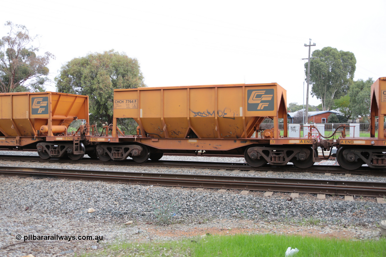 140601 4467
Woodbridge, empty Carina bound iron ore train #1035, CFCLA leased CHCH type waggon CHCH 7764 these waggons were rebuilt between 2010 and 2012 by Bluebird Rail Operations SA from former Goldsworthy Mining hopper waggons originally built by Tomlinson WA and Scotts of Ipswich Qld back in the 60's to early 80's. 1st June 2014.
Keywords: CHCH-type;CHCH7764;Bluebird-Rail-Operations-SA;2010/201-164;