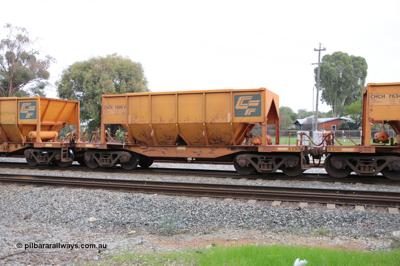 140601 4470
Woodbridge, empty Carina bound iron ore train #1035, CFCLA leased CHCH type waggon CHCH 7699 these waggons were rebuilt between 2010 and 2012 by Bluebird Rail Operations SA from former Goldsworthy Mining hopper waggons originally built by Tomlinson WA and Scotts of Ipswich Qld back in the 60's to early 80's. 1st June 2014.
Keywords: CHCH-type;CHCH7699;Bluebird-Rail-Operations-SA;2010/201-99;