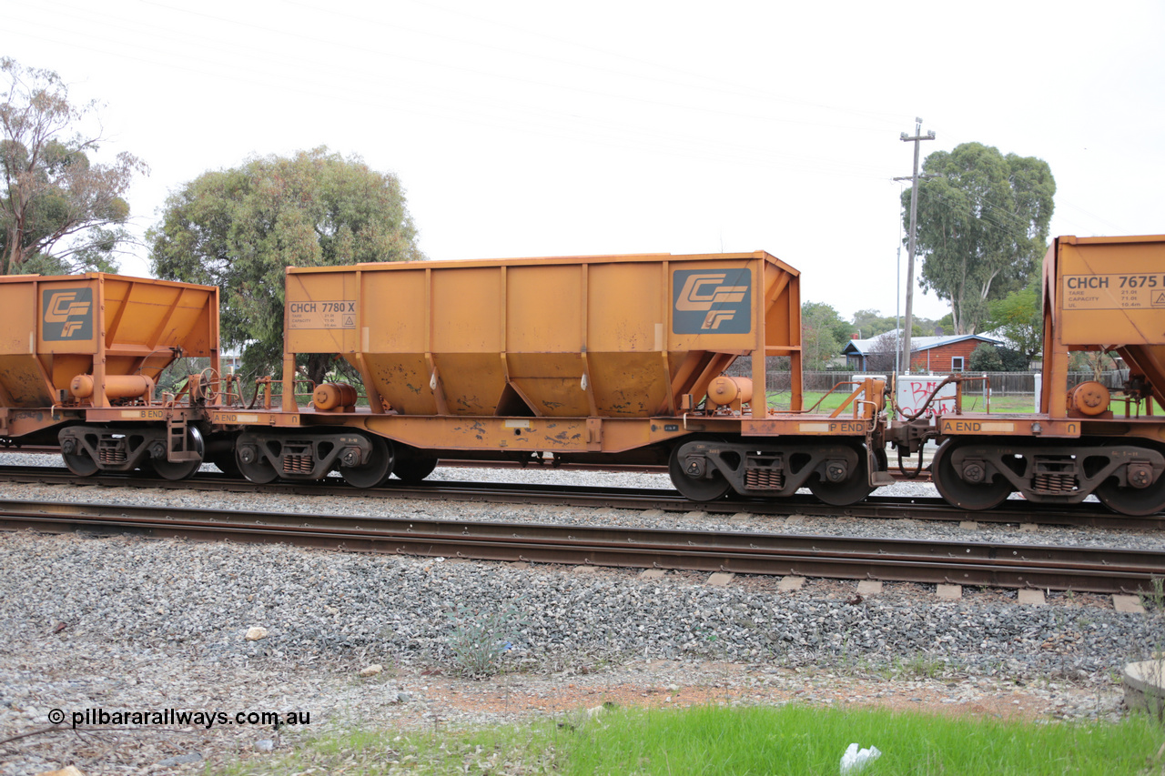 140601 4474
Woodbridge, empty Carina bound iron ore train #1035, CFCLA leased CHCH type waggon CHCH 7780 these waggons were rebuilt between 2010 and 2012 by Bluebird Rail Operations SA from former Goldsworthy Mining hopper waggons originally built by Tomlinson WA and Scotts of Ipswich Qld back in the 60's to early 80's. 1st June 2014.
Keywords: CHCH-type;CHCH7780;Bluebird-Rail-Operations-SA;2010/201-180;