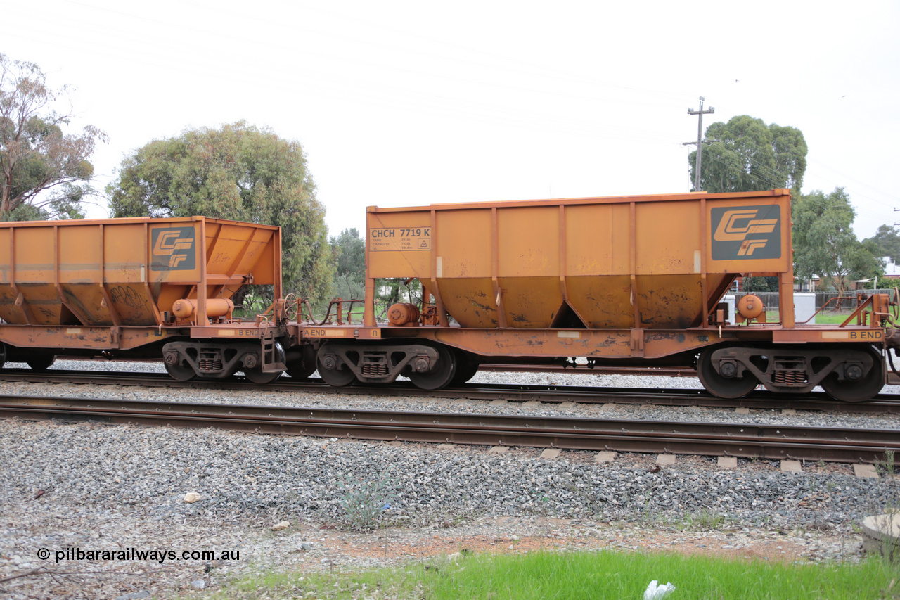 140601 4475
Woodbridge, empty Carina bound iron ore train #1035, CFCLA leased CHCH type waggon CHCH 7719 these waggons were rebuilt between 2010 and 2012 by Bluebird Rail Operations SA from former Goldsworthy Mining hopper waggons originally built by Tomlinson WA and Scotts of Ipswich Qld back in the 60's to early 80's. 1st June 2014.
Keywords: CHCH-type;CHCH7719;Bluebird-Rail-Operations-SA;2010/201-119;