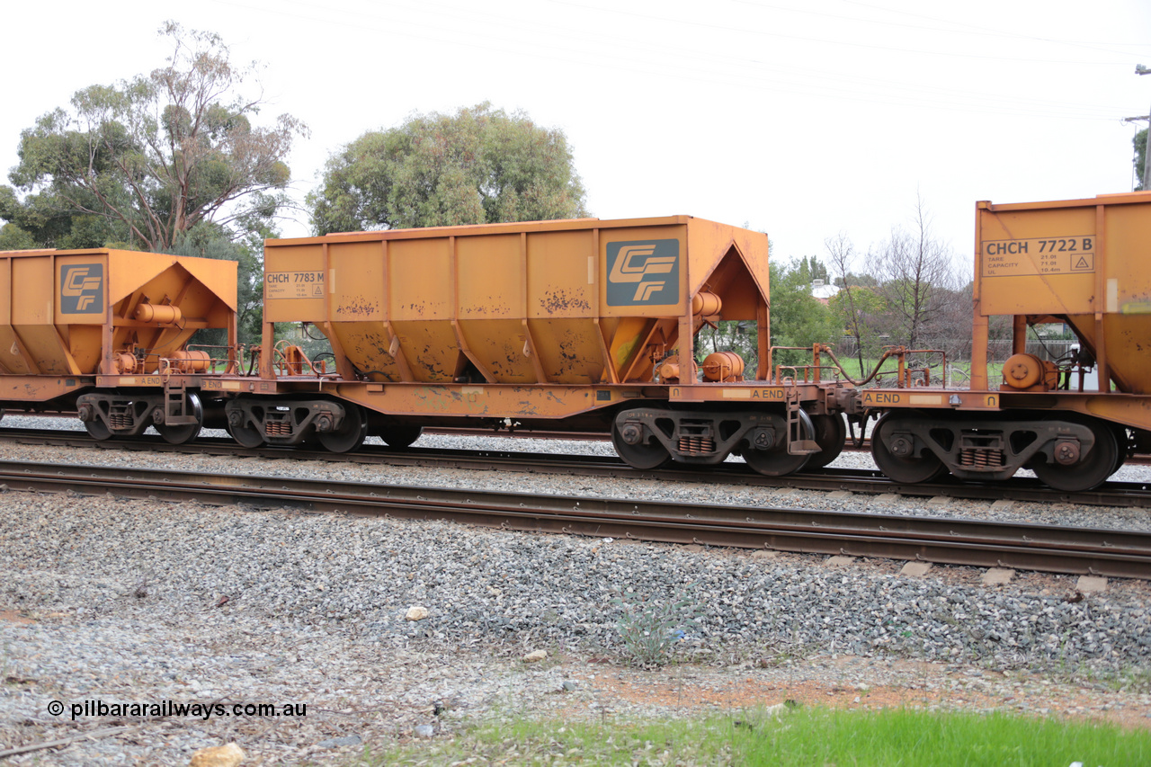 140601 4477
Woodbridge, empty Carina bound iron ore train #1035, CFCLA leased CHCH type waggon CHCH 7783 these waggons were rebuilt between 2010 and 2012 by Bluebird Rail Operations SA from former Goldsworthy Mining hopper waggons originally built by Tomlinson WA and Scotts of Ipswich Qld back in the 60's to early 80's. 1st June 2014.
Keywords: CHCH-type;CHCH7783;Bluebird-Rail-Operations-SA;2010/201-183;