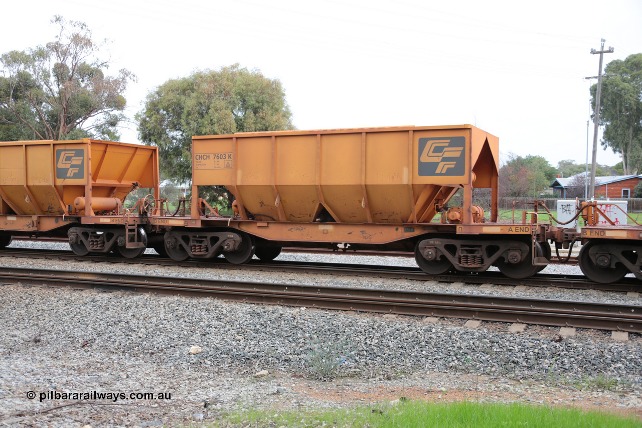 140601 4478
Woodbridge, empty Carina bound iron ore train #1035, CFCLA leased CHCH type waggon CHCH 7603 these waggons were rebuilt between 2010 and 2012 by Bluebird Rail Operations SA from former Goldsworthy Mining hopper waggons originally built by Tomlinson WA and Scotts of Ipswich Qld back in the 60's to early 80's. 1st June 2014.
Keywords: CHCH-type;CHCH7603;Bluebird-Rail-Operations-SA;2010/201-3;