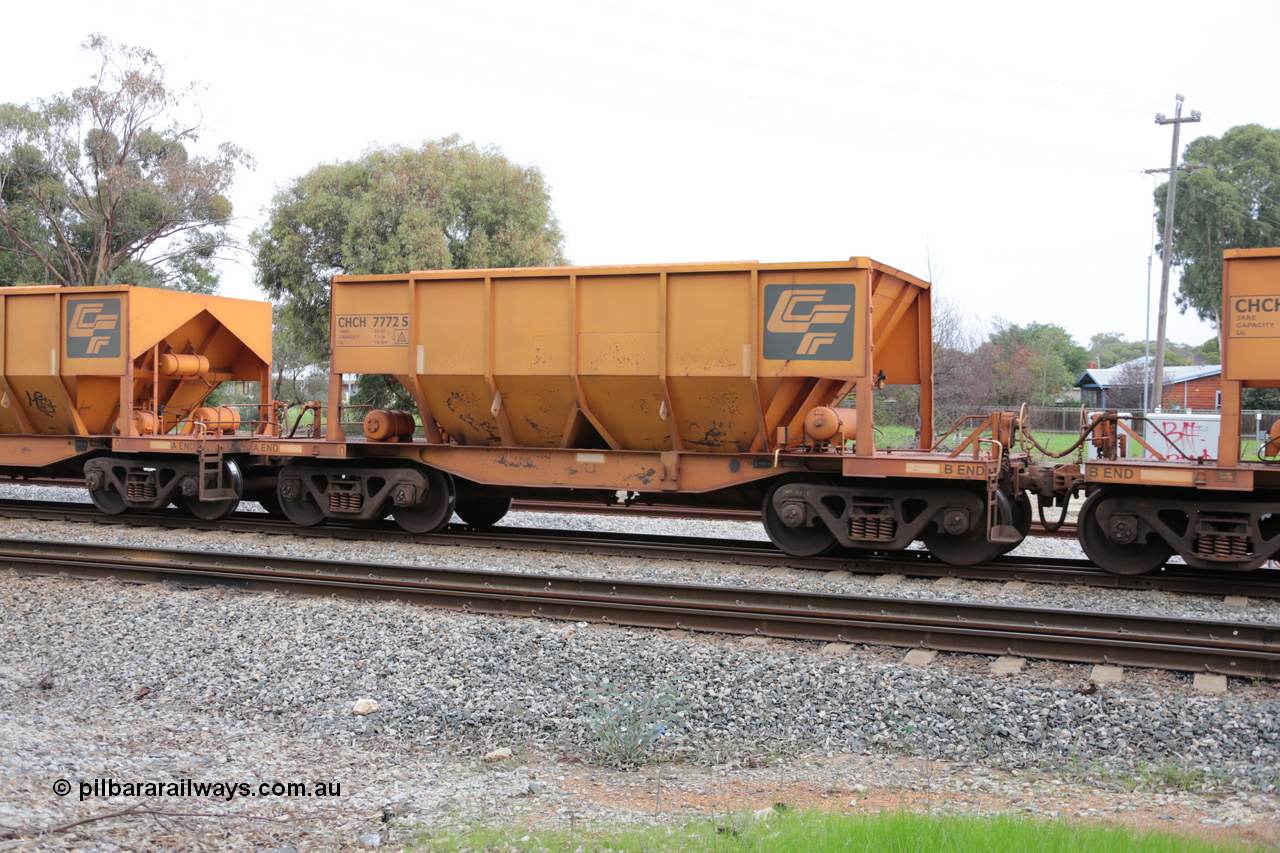 140601 4479
Woodbridge, empty Carina bound iron ore train #1035, CFCLA leased CHCH type waggon CHCH 7772 these waggons were rebuilt between 2010 and 2012 by Bluebird Rail Operations SA from former Goldsworthy Mining hopper waggons originally built by Tomlinson WA and Scotts of Ipswich Qld back in the 60's to early 80's. 1st June 2014.
Keywords: CHCH-type;CHCH7772;Bluebird-Rail-Operations-SA;2010/201-172;