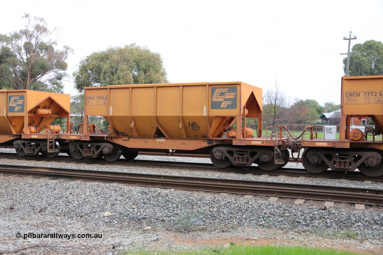 140601 4480
Woodbridge, empty Carina bound iron ore train #1035, CFCLA leased CHCH type waggon CHCH 7707 these waggons were rebuilt between 2010 and 2012 by Bluebird Rail Operations SA from former Goldsworthy Mining hopper waggons originally built by Tomlinson WA and Scotts of Ipswich Qld back in the 60's to early 80's. 1st June 2014.
Keywords: CHCH-type;CHCH7707;Bluebird-Rail-Operations-SA;2010/201-107;