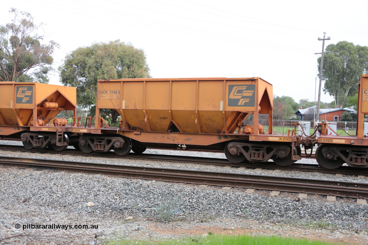 140601 4488
Woodbridge, empty Carina bound iron ore train #1035, CFCLA leased CHCH type waggon CHCH 7768 these waggons were rebuilt between 2010 and 2012 by Bluebird Rail Operations SA from former Goldsworthy Mining hopper waggons originally built by Tomlinson WA and Scotts of Ipswich Qld back in the 60's to early 80's. 1st June 2014.
Keywords: CHCH-type;CHCH7768;Bluebird-Rail-Operations-SA;2010/201-168;