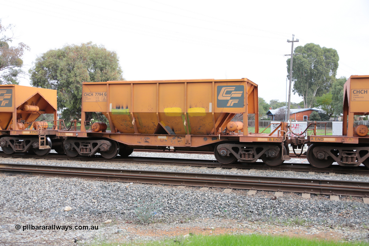 140601 4502
Woodbridge, empty Carina bound iron ore train #1035, CFCLA leased CHCH type waggon CHCH 7794 these waggons were rebuilt between 2010 and 2012 by Bluebird Rail Operations SA from former Goldsworthy Mining hopper waggons originally built by Tomlinson WA and Scotts of Ipswich Qld back in the 60's to early 80's. 1st June 2014.
Keywords: CHCH-type;CHCH7794;Bluebird-Rail-Operations-SA;2010/201-194;