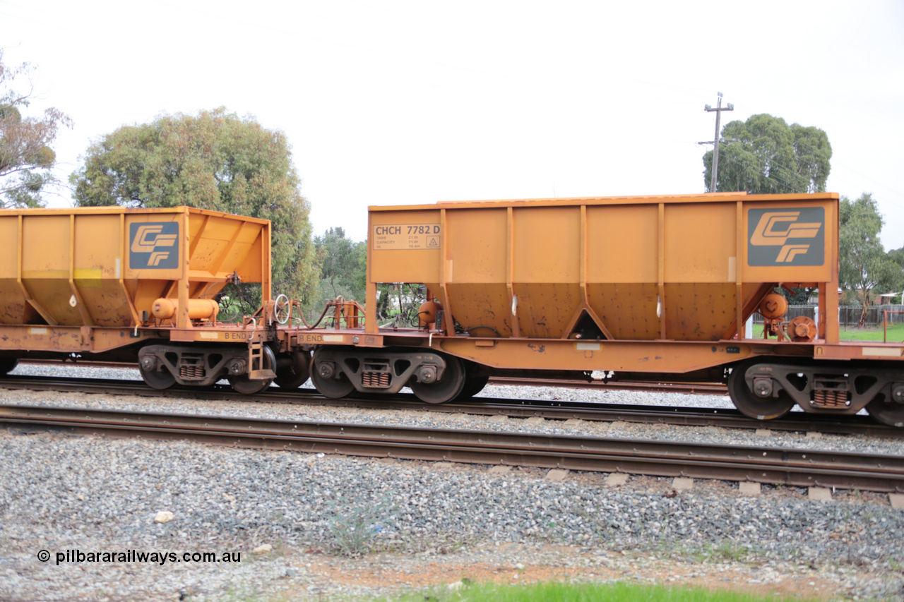 140601 4505
Woodbridge, empty Carina bound iron ore train #1035, CFCLA leased CHCH type waggon CHCH 7782 these waggons were rebuilt between 2010 and 2012 by Bluebird Rail Operations SA from former Goldsworthy Mining hopper waggons originally built by Tomlinson WA and Scotts of Ipswich Qld back in the 60's to early 80's. 1st June 2014.
Keywords: CHCH-type;CHCH7782;Bluebird-Rail-Operations-SA;2010/201-182;