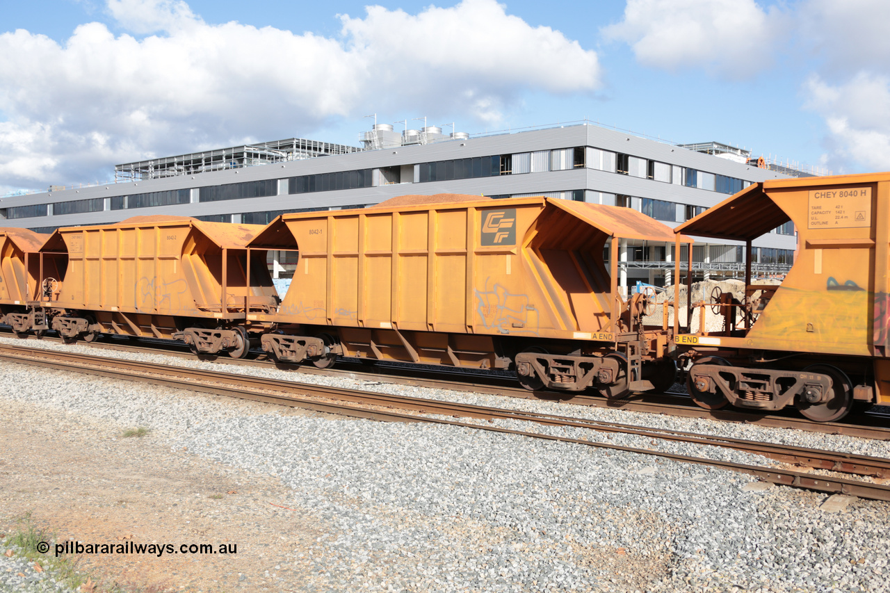 140601 4622
Midland, loaded iron ore train #1030 heading to Kwinana, CFCLA leased CHEY type waggon CHEY 8042 one pair of 120 bar coupled pairs built by Bluebird Rail Operations SA in 2011-12. 1st June 2014.
Keywords: CHEY-type;CHEY8042;Bluebird-Rail-Operations-SA;2011/120-42;