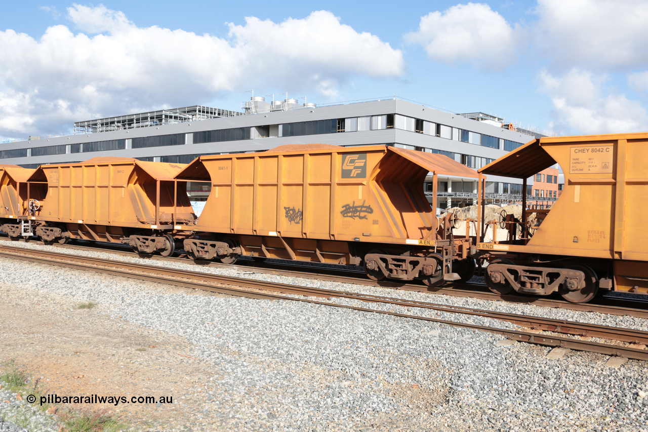 140601 4623
Midland, loaded iron ore train #1030 heading to Kwinana, CFCLA leased CHEY type waggon CHEY 8041 one pair of 120 bar coupled pairs built by Bluebird Rail Operations SA in 2011-12. 1st June 2014.
Keywords: CHEY-type;CHEY8041;Bluebird-Rail-Operations-SA;2011/120-41;
