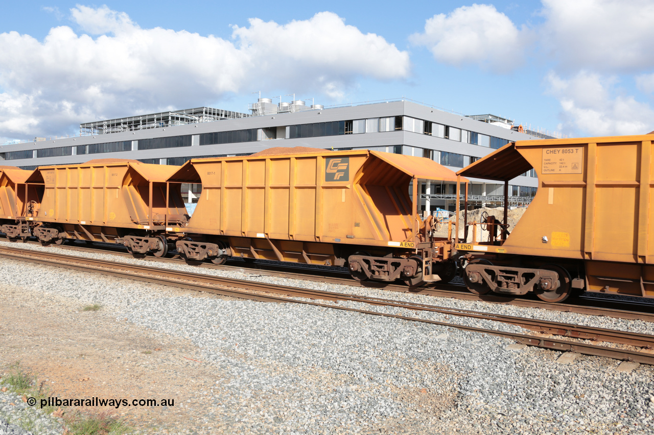 140601 4625
Midland, loaded iron ore train #1030 heading to Kwinana, CFCLA leased CHEY type waggon CHEY 8017 one pair of 120 bar coupled pairs built by Bluebird Rail Operations SA in 2011-12. 1st June 2014.
Keywords: CHEY-type;CHEY8017;Bluebird-Rail-Operations-SA;2011/120-17;