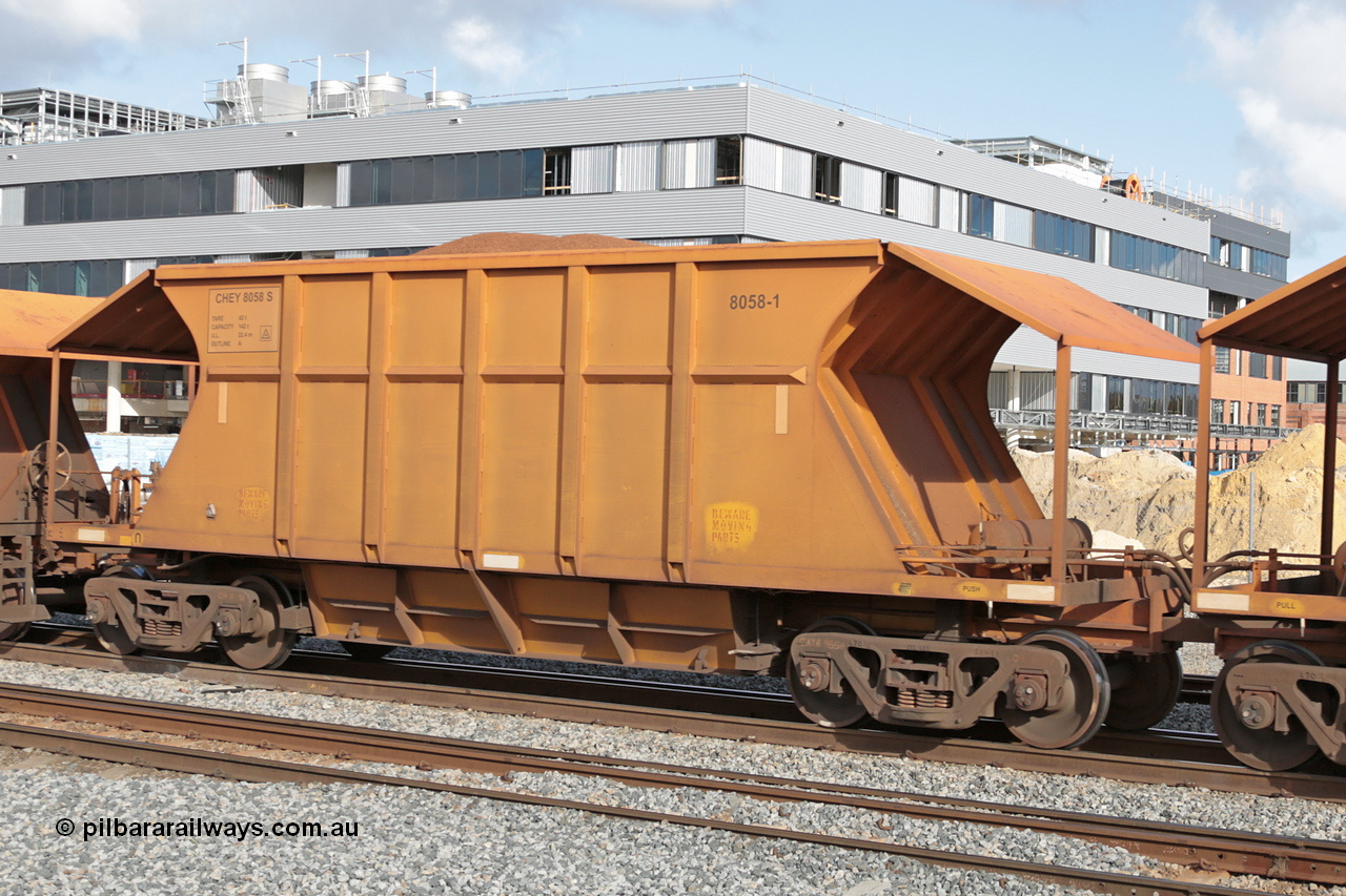 140601 4634
Midland, loaded iron ore train #1030 heading to Kwinana, CFCLA leased CHEY type waggon CHEY 8058-1 part of a pair of 120 sets built by Bluebird Rail Operations SA in 2011-12. 1st June 2014.
Keywords: CHEY-type;CHEY8058;Bluebird-Rail-Operations-SA;2011/120-58;
