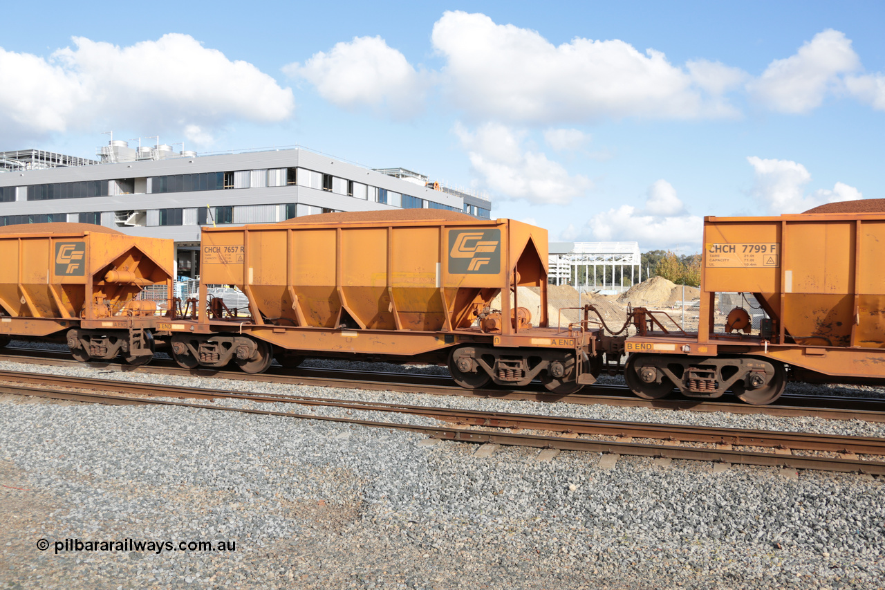 140601 4639
Midland, loaded iron ore train #1030 heading to Kwinana, CFCLA leased CHCH type waggon CHCH 7657 these waggons were rebuilt between 2010 and 2012 by Bluebird Rail Operations SA from former Goldsworthy Mining hopper waggons originally built by Tomlinson WA and Scotts of Ipswich Qld back in the 60's to early 80's. 1st June 2014.
Keywords: CHCH-type;CHCH7657;Bluebird-Rail-Operations-SA;2010/201-57;