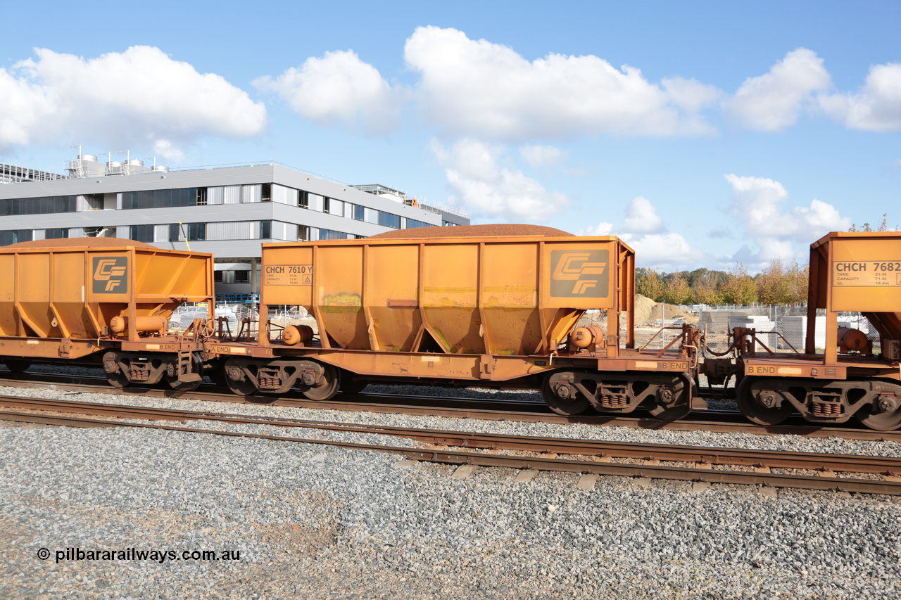 140601 4643
Midland, loaded iron ore train #1030 heading to Kwinana, CFCLA leased CHCH type waggon CHCH 7610 these waggons were rebuilt between 2010 and 2012 by Bluebird Rail Operations SA from former Goldsworthy Mining hopper waggons originally built by Tomlinson WA and Scotts of Ipswich Qld back in the 60's to early 80's. 1st June 2014.
Keywords: CHCH-type;CHCH7610;Bluebird-Rail-Operations-SA;2010/201-10;