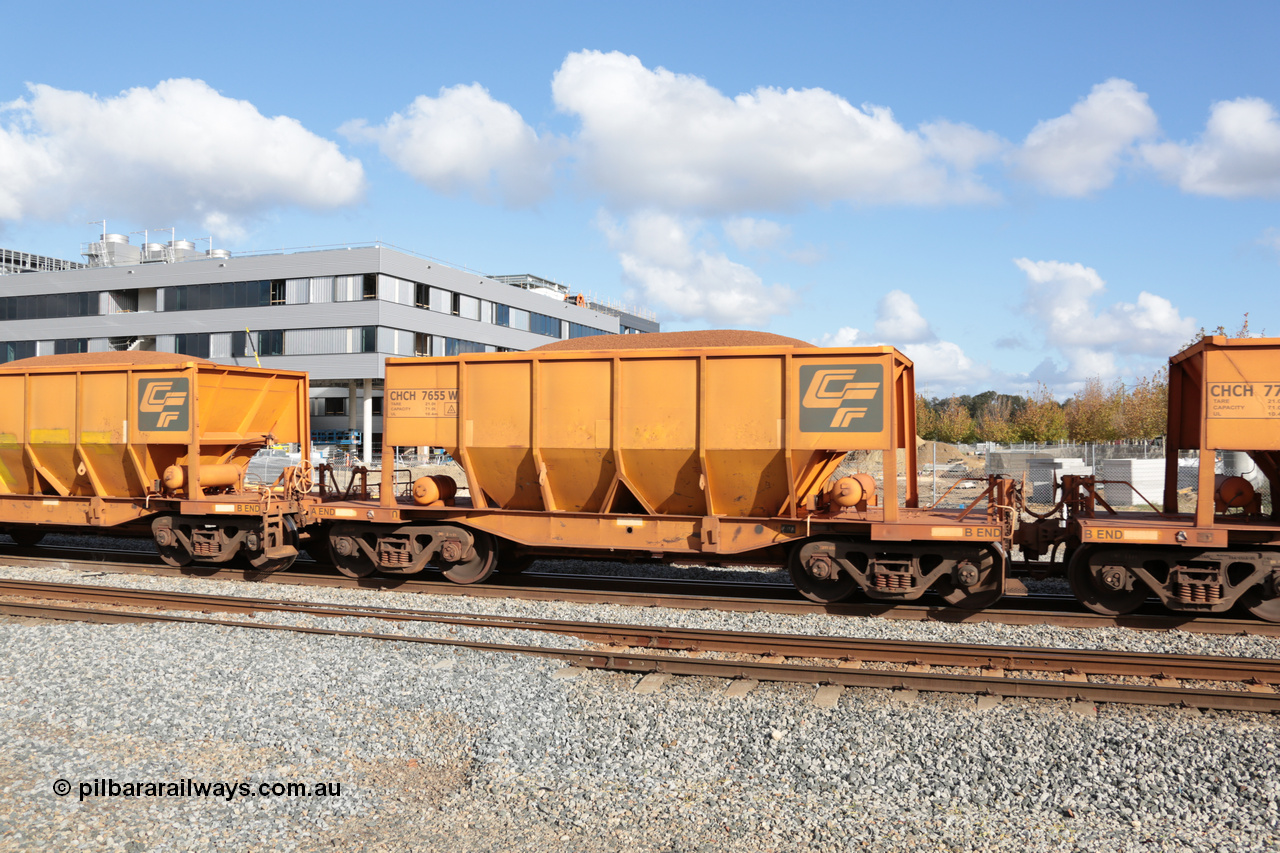 140601 4650
Midland, loaded iron ore train #1030 heading to Kwinana, CFCLA leased CHCH type waggon CHCH 7655 these waggons were rebuilt between 2010 and 2012 by Bluebird Rail Operations SA from former Goldsworthy Mining hopper waggons originally built by Tomlinson WA and Scotts of Ipswich Qld back in the 60's to early 80's. 1st June 2014.
Keywords: CHCH-type;CHCH7655;Bluebird-Rail-Operations-SA;2010/201-55;