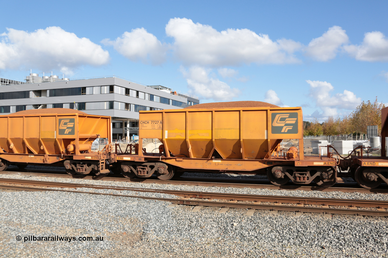 140601 4652
Midland, loaded iron ore train #1030 heading to Kwinana, CFCLA leased CHCH type waggon CHCH 7727 these waggons were rebuilt between 2010 and 2012 by Bluebird Rail Operations SA from former Goldsworthy Mining hopper waggons originally built by Tomlinson WA and Scotts of Ipswich Qld back in the 60's to early 80's. 1st June 2014.
Keywords: CHCH-type;CHCH7727;Bluebird-Rail-Operations-SA;2010/201-127;