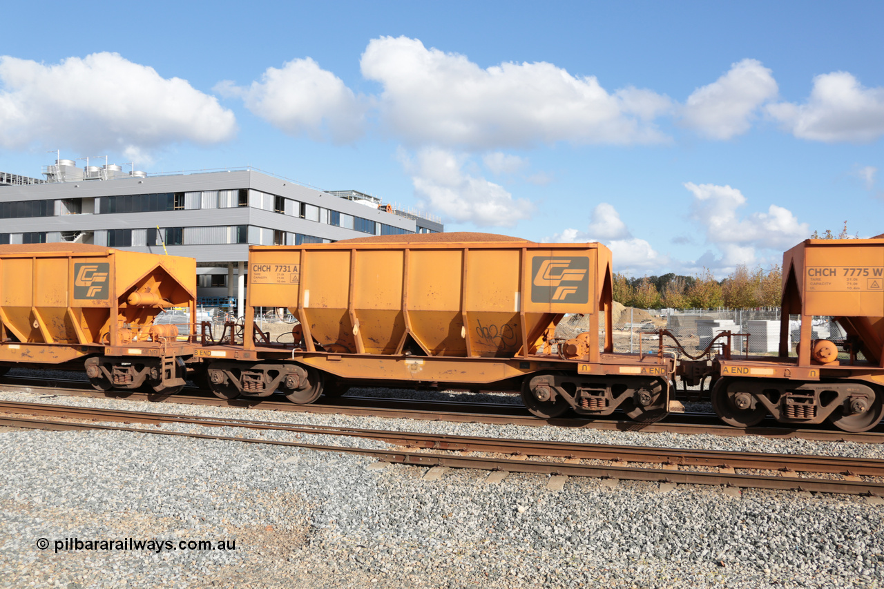 140601 4658
Midland, loaded iron ore train #1030 heading to Kwinana, CFCLA leased CHCH type waggon CHCH 7731 these waggons were rebuilt between 2010 and 2012 by Bluebird Rail Operations SA from former Goldsworthy Mining hopper waggons originally built by Tomlinson WA and Scotts of Ipswich Qld back in the 60's to early 80's. 1st June 2014.
Keywords: CHCH-type;CHCH7731;Bluebird-Rail-Operations-SA;2010/201-131;