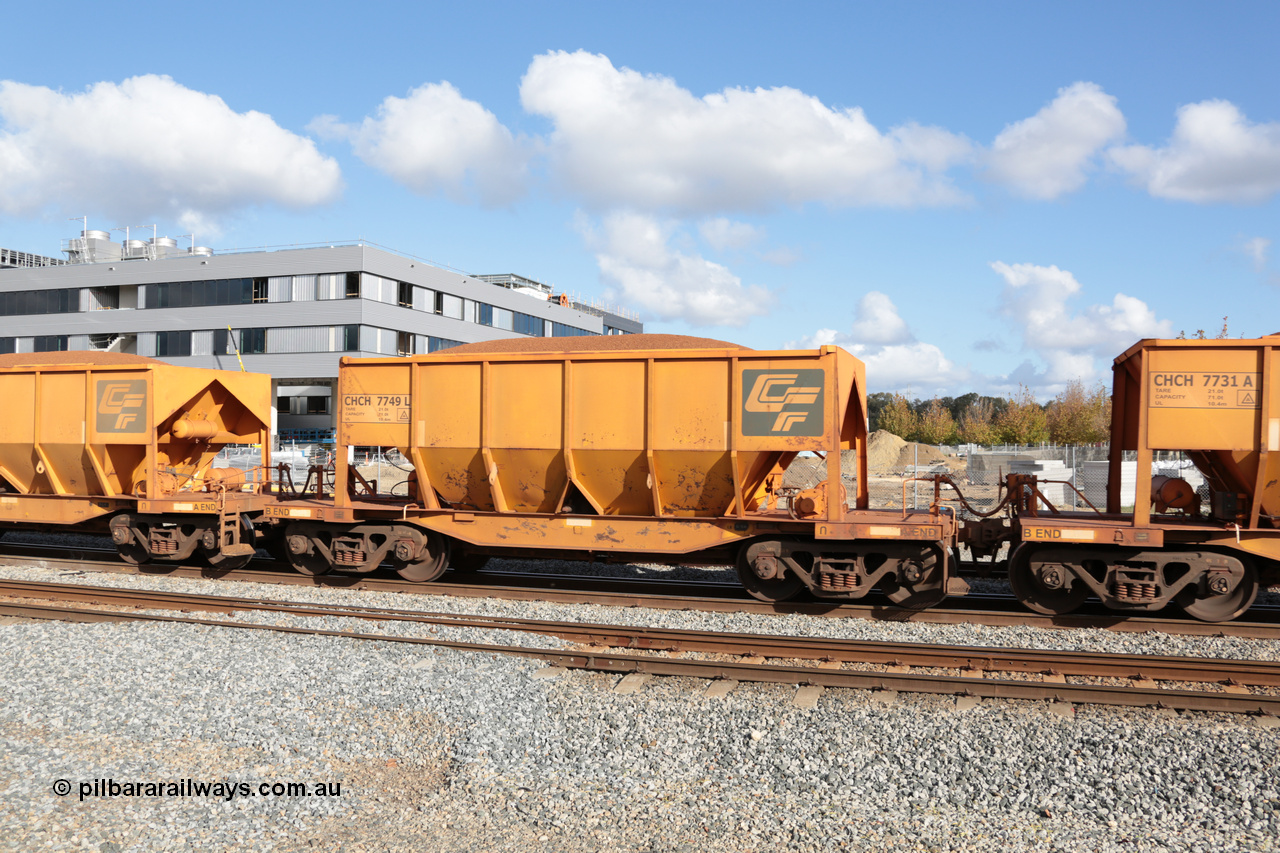140601 4659
Midland, loaded iron ore train #1030 heading to Kwinana, CFCLA leased CHCH type waggon CHCH 7749 these waggons were rebuilt between 2010 and 2012 by Bluebird Rail Operations SA from former Goldsworthy Mining hopper waggons originally built by Tomlinson WA and Scotts of Ipswich Qld back in the 60's to early 80's. 1st June 2014.
Keywords: CHCH-type;CHCH7749;Bluebird-Rail-Operations-SA;2010/201-149;