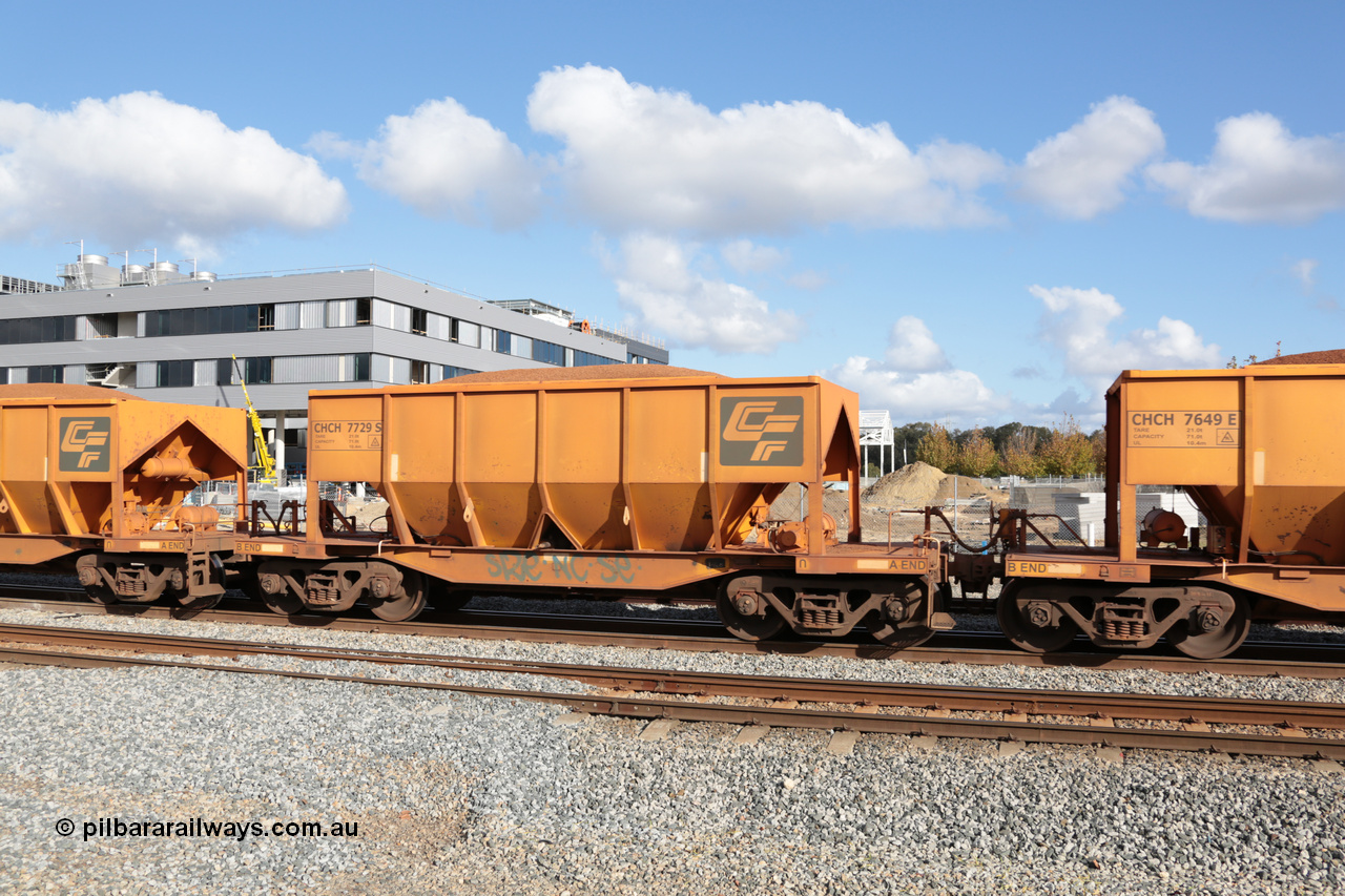 140601 4665
Midland, loaded iron ore train #1030 heading to Kwinana, CFCLA leased CHCH type waggon CHCH 7729 these waggons were rebuilt between 2010 and 2012 by Bluebird Rail Operations SA from former Goldsworthy Mining hopper waggons originally built by Tomlinson WA and Scotts of Ipswich Qld back in the 60's to early 80's. 1st June 2014.
Keywords: CHCH-type;CHCH7729;Bluebird-Rail-Operations-SA;2010/201-129;