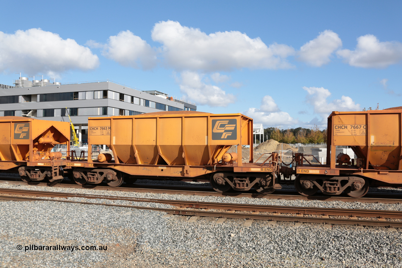 140601 4670
Midland, loaded iron ore train #1030 heading to Kwinana, CFCLA leased CHCH type waggon CHCH 7663 these waggons were rebuilt between 2010 and 2012 by Bluebird Rail Operations SA from former Goldsworthy Mining hopper waggons originally built by Tomlinson WA and Scotts of Ipswich Qld back in the 60's to early 80's. 1st June 2014.
Keywords: CHCH-type;CHCH7663;Bluebird-Rail-Operations-SA;2010/201-63;