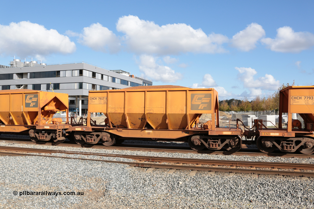 140601 4672
Midland, loaded iron ore train #1030 heading to Kwinana, CFCLA leased CHCH type waggon CHCH 7617 these waggons were rebuilt between 2010 and 2012 by Bluebird Rail Operations SA from former Goldsworthy Mining hopper waggons originally built by Tomlinson WA and Scotts of Ipswich Qld back in the 60's to early 80's. 1st June 2014.
Keywords: CHCH-type;CHCH7617;Bluebird-Rail-Operations-SA;2010/201-17;