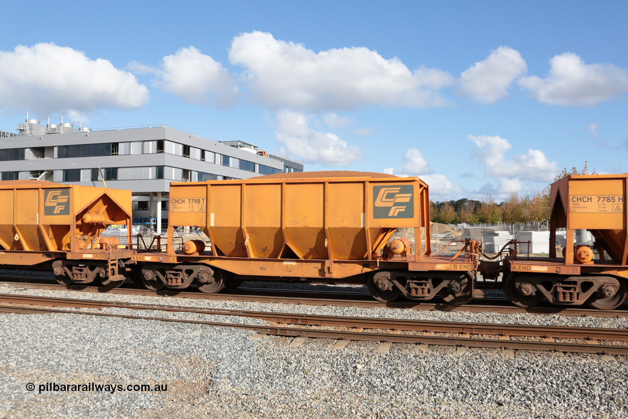 140601 4675
Midland, loaded iron ore train #1030 heading to Kwinana, CFCLA leased CHCH type waggon CHCH 7798 these waggons were rebuilt between 2010 and 2012 by Bluebird Rail Operations SA from former Goldsworthy Mining hopper waggons originally built by Tomlinson WA and Scotts of Ipswich Qld back in the 60's to early 80's. 1st June 2014.
Keywords: CHCH-type;CHCH7798;Bluebird-Rail-Operations-SA;2010/201-198;