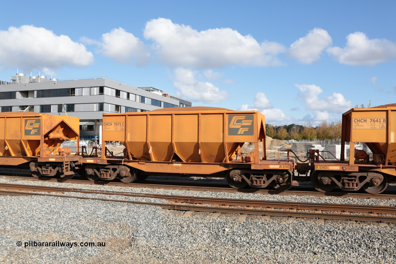 140601 4677
Midland, loaded iron ore train #1030 heading to Kwinana, CFCLA leased CHCH type waggon CHCH 7671 these waggons were rebuilt between 2010 and 2012 by Bluebird Rail Operations SA from former Goldsworthy Mining hopper waggons originally built by Tomlinson WA and Scotts of Ipswich Qld back in the 60's to early 80's. 1st June 2014.
Keywords: CHCH-type;CHCH7671;Bluebird-Rail-Operations-SA;2010/201-124;