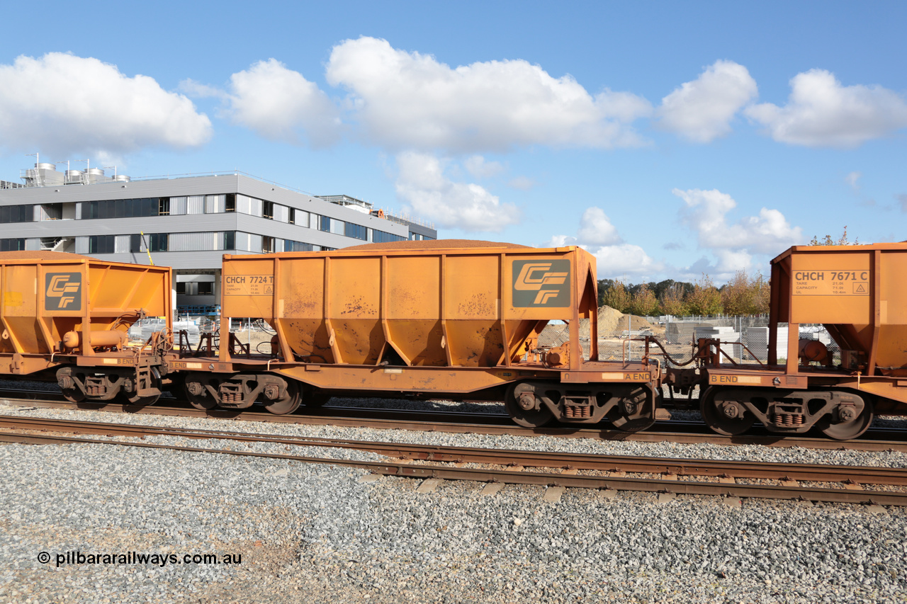 140601 4678
Midland, loaded iron ore train #1030 heading to Kwinana, CFCLA leased CHCH type waggon CHCH 7724 these waggons were rebuilt between 2010 and 2012 by Bluebird Rail Operations SA from former Goldsworthy Mining hopper waggons originally built by Tomlinson WA and Scotts of Ipswich Qld back in the 60's to early 80's. 1st June 2014.
Keywords: CHCH-type;CHCH7724;Bluebird-Rail-Operations-SA;2010/201-124;
