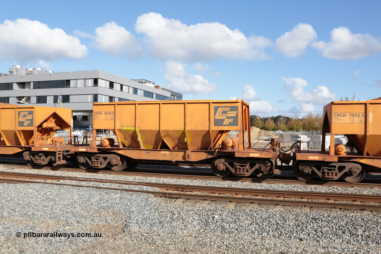 140601 4680
Midland, loaded iron ore train #1030 heading to Kwinana, CFCLA leased CHCH type waggon CHCH 7619 these waggons were rebuilt between 2010 and 2012 by Bluebird Rail Operations SA from former Goldsworthy Mining hopper waggons originally built by Tomlinson WA and Scotts of Ipswich Qld back in the 60's to early 80's. 1st June 2014.
Keywords: CHCH-type;CHCH7619;Bluebird-Rail-Operations-SA;2010/201-19;