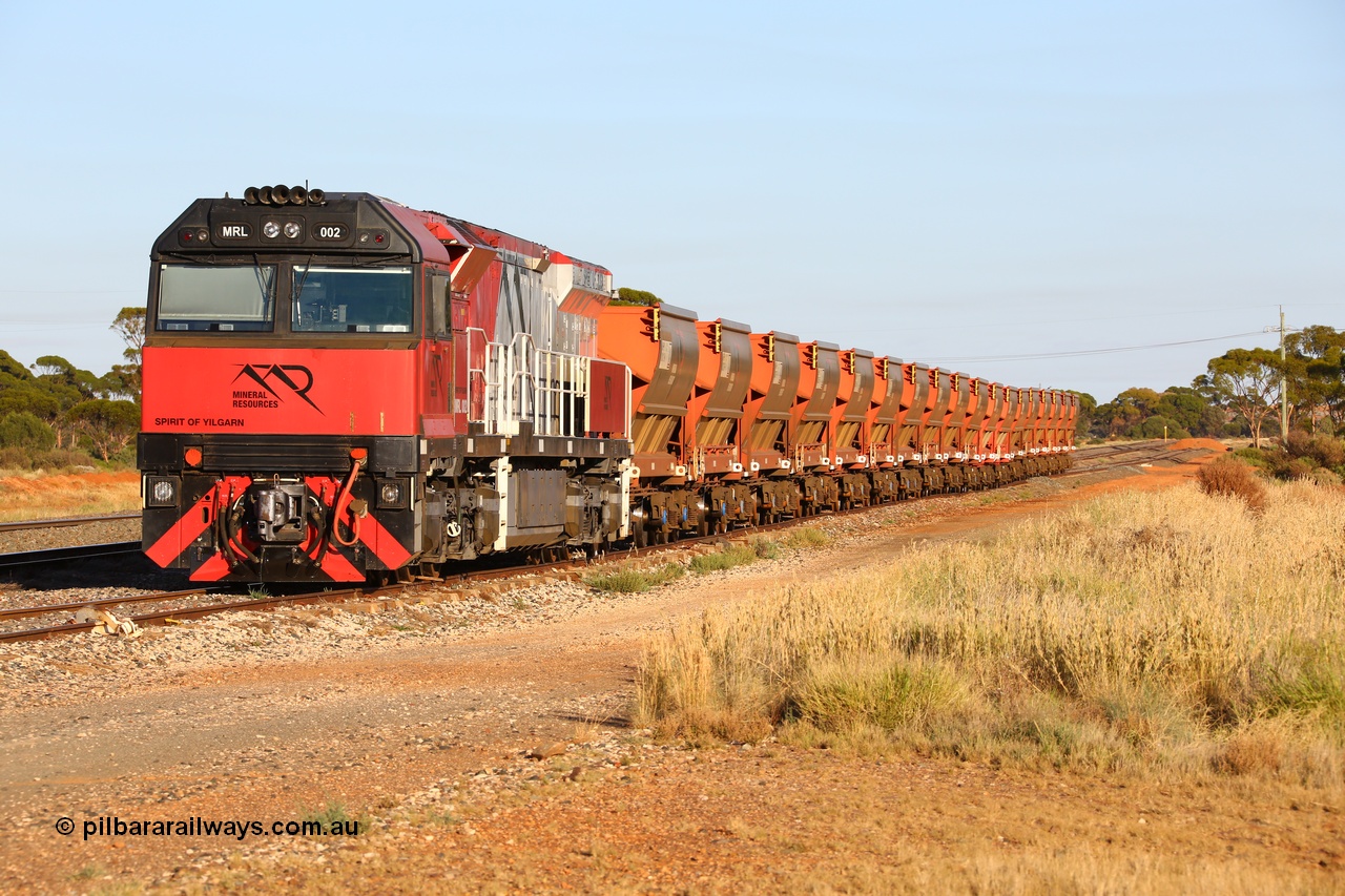 190107 0318
Parkeston, Mineral Resources MRL class loco MRL 002 'Spirit of Yilgarn' with serial R-0113-03/14-505 a UGL Rail Broadmeadow NSW built GE model C44ACi in 2014 stands in the Engineers Siding with a string of eighteen, or nine pairs of MHPY bottom discharge hopper waggons awaiting transfer over to West Kalgoorlie.
Keywords: MRL-class;MRL002;UGL-Rail-Broadmeadow-NSW;GE;C44ACi;R-0113-03/14-505;