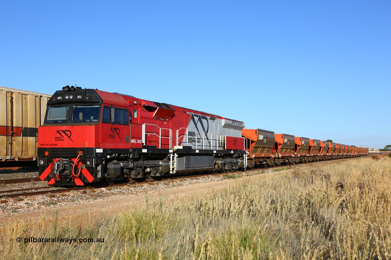 190107 0342
Parkeston, Mineral Resources MRL class loco MRL 002 'Spirit of Yilgarn' with serial R-0113-03/14-505 a UGL Rail Broadmeadow NSW built GE model C44ACi in 2014 stands in the Engineers Siding with a string of eighteen, or nine pairs of MHPY bottom discharge hopper waggons awaiting transfer over to West Kalgoorlie.
Keywords: MRL-class;MRL002;R-0113-03/14-505;UGL-Rail-Broadmeadow-NSW;GE;C44aci;