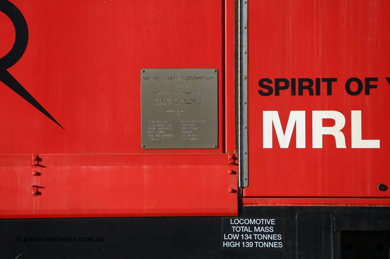 190107 0343
Parkeston, builders plate of Mineral Resources MRL class loco MRL 002 'Spirit of Yilgarn' with serial R-0113-03/14-505 a UGL Rail Broadmeadow NSW built GE model C44ACi in 2014 stands in the Engineers Siding.
Keywords: MRL-class;MRL002;R-0113-03/14-505;UGL-Rail-Broadmeadow-NSW;GE;C44aci;