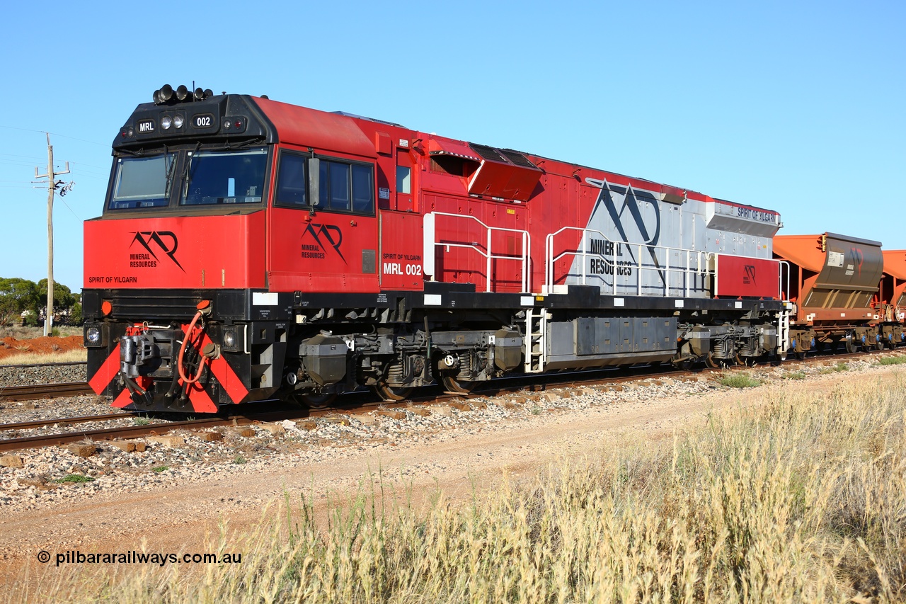 190107 0419
Parkeston, Mineral Resources MRL class loco MRL 002 'Spirit of Yilgarn' with serial R-0113-03/14-505 a UGL Rail Broadmeadow NSW built GE model C44ACi in 2014 stands in the Engineers Siding with a string of eighteen, or nine pairs of MHPY bottom discharge hopper waggons awaiting transfer over to West Kalgoorlie.
Keywords: MRL-class;MRL002;UGL-Rail-Broadmeadow-NSW;GE;C44ACi;R-0113-03/14-505;