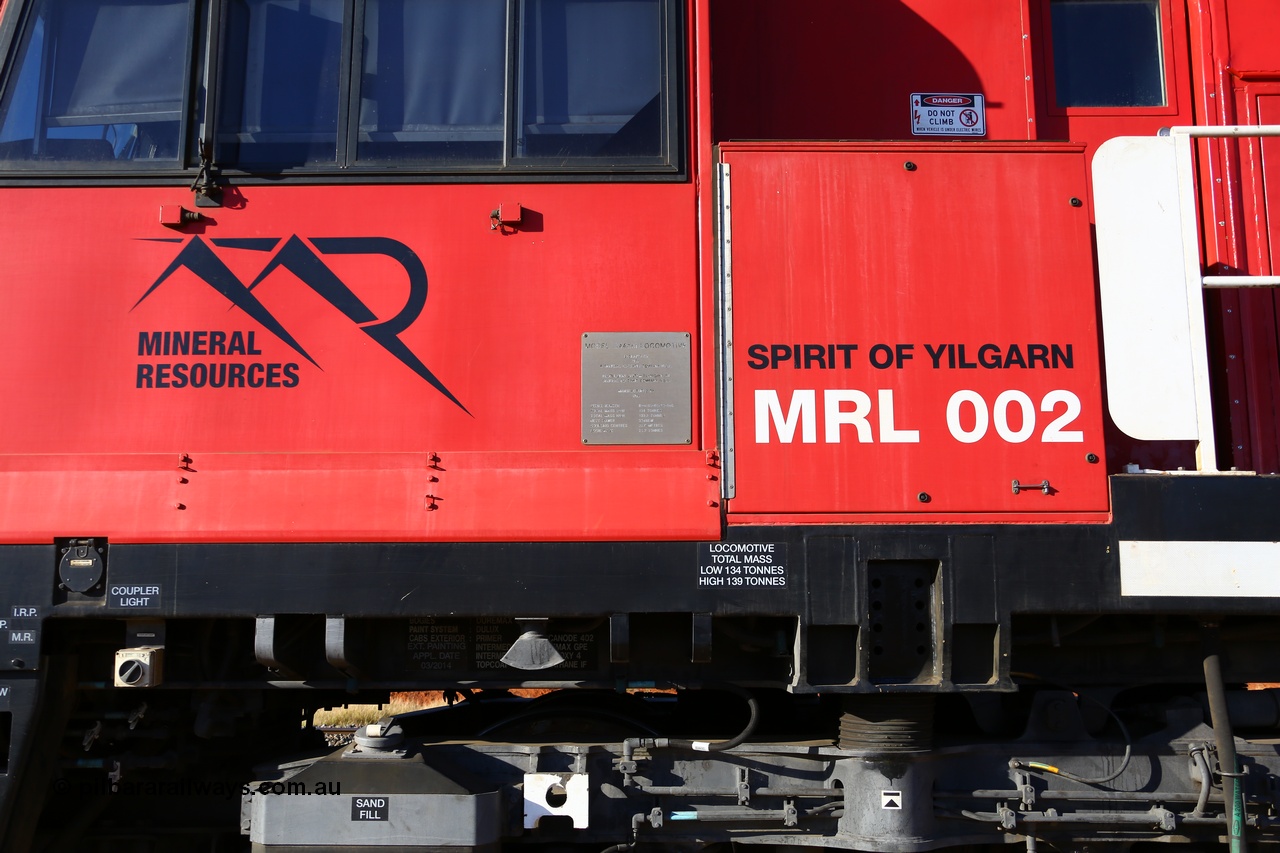 190107 0421
Parkeston, cab side view of Mineral Resources MRL class loco MRL 002 'Spirit of Yilgarn' with serial R-0113-03/14-505 a UGL Rail Broadmeadow NSW built GE model C44ACi in 2014 stands in the Engineers Siding.
Keywords: MRL-class;MRL002;UGL-Rail-Broadmeadow-NSW;GE;C44ACi;R-0113-03/14-505;