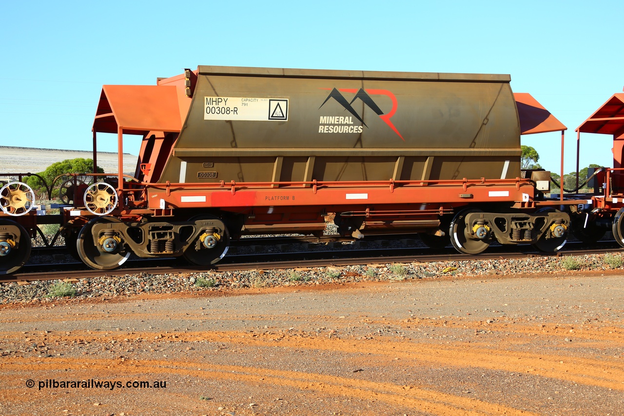 190107 0437
Parkeston, Mineral Resources Ltd MHPY type iron ore waggon MHPY 00308 built by CSR Yangtze Co China in 2014 as a batch of 382 units, these bottom discharge hopper waggons are operated in 'married' pairs.
Keywords: MHPY-type;MHPY00308;2014/382-308;CSR-Yangtze-Rolling-Stock-Co-China;