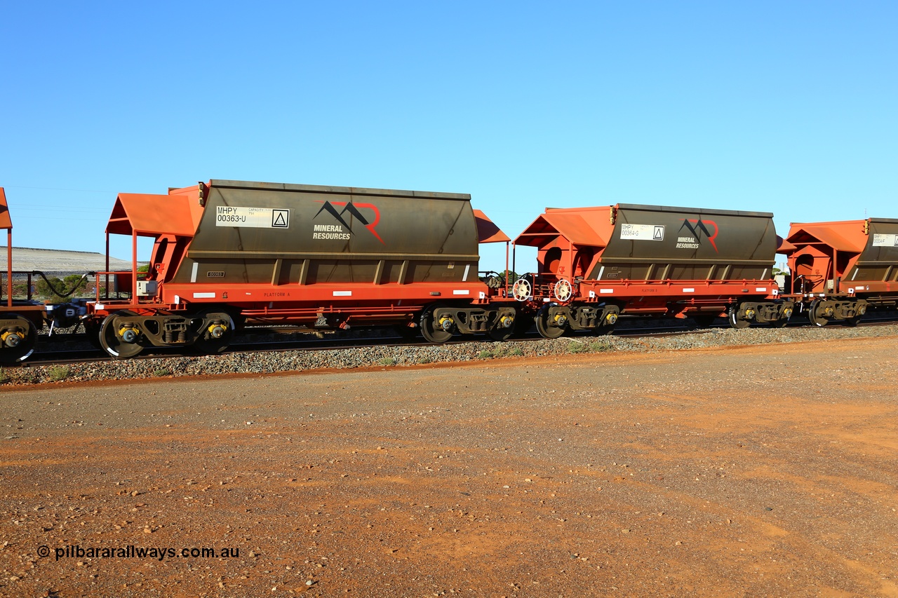 190107 0438
Parkeston, Mineral Resources Ltd MHPY type iron ore waggon MHPY 00363 built by CSR Yangtze Co China in 2014 as a batch of 382 units, these bottom discharge hopper waggons are operated in 'married' pairs.
Keywords: MHPY-type;MHPY00363;2014/382-363;CSR-Yangtze-Rolling-Stock-Co-China;