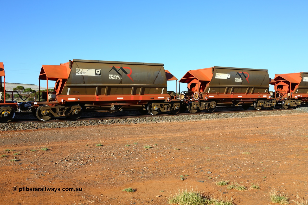 190107 0441
Parkeston, Mineral Resources Ltd MHPY type iron ore waggon married pair set MHPY 00334 and MHPY 00333 built by CSR Yangtze Co China in 2014 as a batch of 382 units, these bottom discharge hopper waggons are operated in 'married' pairs.
Keywords: MHPY-type;MHPY00334;2014/382-334;CSR-Yangtze-Rolling-Stock-Co-China;