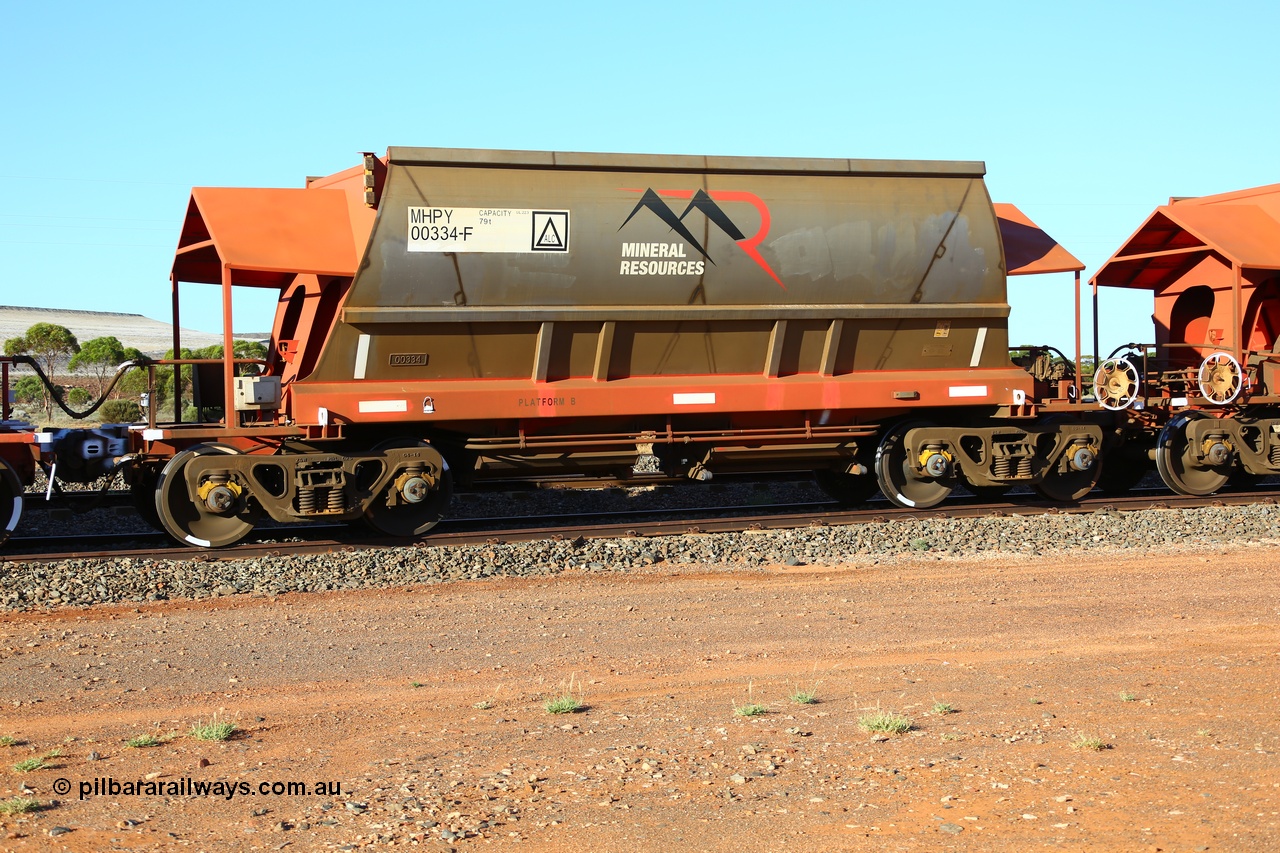 190107 0442
Parkeston, Mineral Resources Ltd MHPY type iron ore waggon MHPY 00334 built by CSR Yangtze Co China in 2014 as a batch of 382 units, these bottom discharge hopper waggons are operated in 'married' pairs.
Keywords: MHPY-type;MHPY00334;2014/382-334;CSR-Yangtze-Rolling-Stock-Co-China;