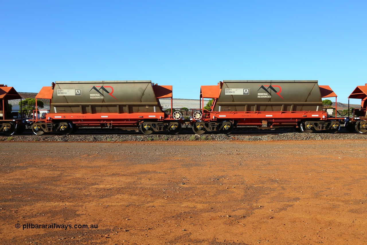 190107 0453
Parkeston, Mineral Resources Ltd MHPY type iron ore waggon married pair set MHPY 00363 and MHPY 00364 built by CSR Yangtze Co China in 2014 as a batch of 382 units, these bottom discharge hopper waggons are operated in 'married' pairs.
Keywords: MHPY-type;MHPY00363;2014/382-363;CSR-Yangtze-Rolling-Stock-Co-China;