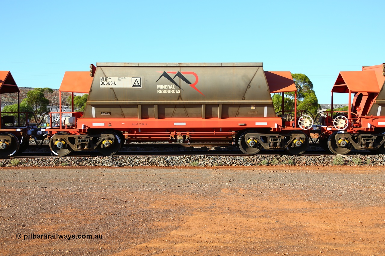190107 0455
Parkeston, Mineral Resources Ltd MHPY type iron ore waggon MHPY 00363 built by CSR Yangtze Co China in 2014 as a batch of 382 units, these bottom discharge hopper waggons are operated in 'married' pairs.
Keywords: MHPY-type;MHPY00363;2014/382-363;CSR-Yangtze-Rolling-Stock-Co-China;
