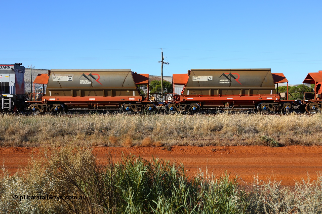 190107 0456
Parkeston, Mineral Resources Ltd MHPY type iron ore waggon miss-matched married pair MHPY 00113 and MHPY 00270 built by CSR Yangtze Co China in 2014 as a batch of 382 units, these bottom discharge hopper waggons are operated in 'married' pairs.
Keywords: MHPY-type;MHPY00113;2014/382-113;CSR-Yangtze-Rolling-Stock-Co-China;